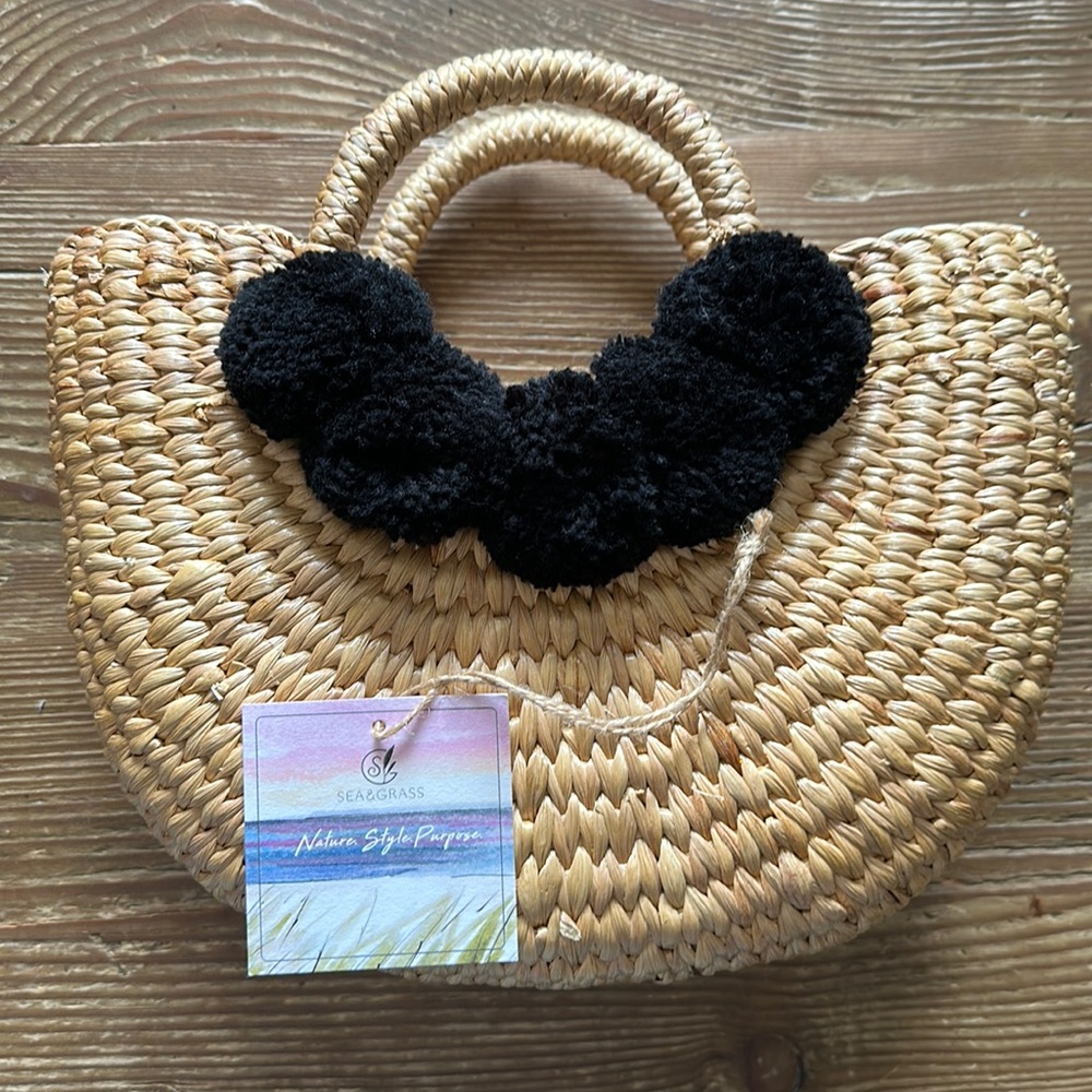 Sea and grass Woven Hand Braided/Crafted Tote Bag Small black Pom poms new